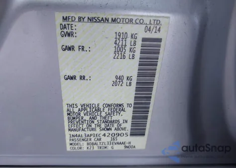 2014 Nissan Altima 2.5 Sv z USA, uszkodzony, nr VIN 1N4AL3AP1EC420905